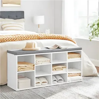 Szafka na buty z szarą poduszką 10 półek biała ModernHome-1273106
