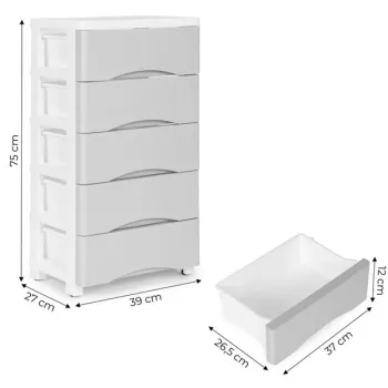 Regał z 5 wysuwanymi szufladami nogi z kółkami szary ModernHome-1271082