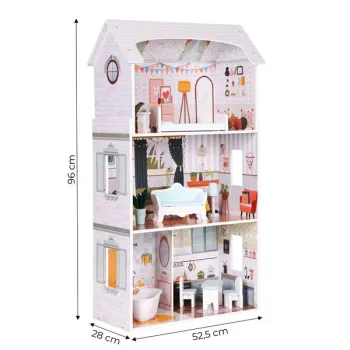 Domek dla lalek Alice 3 piętra 4 pomieszczenia komplet 9 mebelków ECOTOYS-1275156
