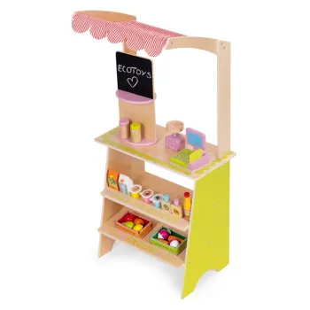 Duży drewniany stragan dla dzieci sklep z terminalem i wagą owoce warzywa 20 elementów ECOTOYS-1276114