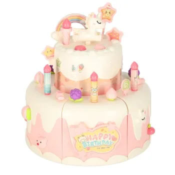 Tort urodzinowy piętrowy do krojenia na rzepy muzyka światła kuchnia 16 elementów różowy-1378642