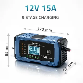 Qoltec Inteligentna mikroprocesorowa ładowarka 12V 15A | Prostownik z funkcją naprawy | AGM GEL LiFePO4 | 9- stopniowe