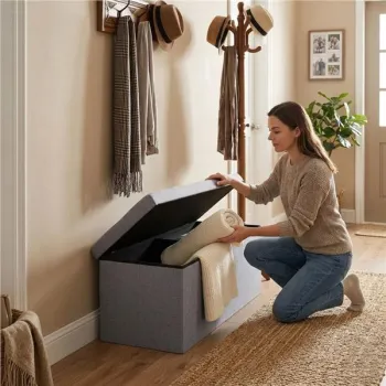 Pufa pikowana 111x38 cm ze schowkiem tapicerowana ława skrzynia jasnoszara ModernHome-1384679