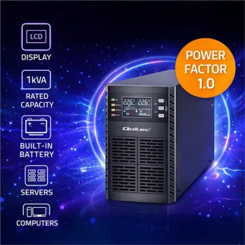 Qoltec Zasilacz awaryjny UPS | 1kVA | 1000W | Power Factor 1.0 | LCD | EPO | USB | On-line-1381194