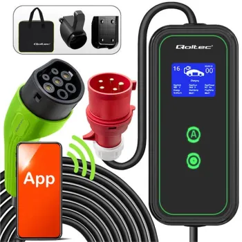 Qoltec Mobilna ładowarka do samochodu elektrycznego EV i hybryd z regulacją 2w1 Typ2 | 11kW | 400V |  CEE 32A | Wi-fi | LCD | 3 fazy | Przenośna | Wal