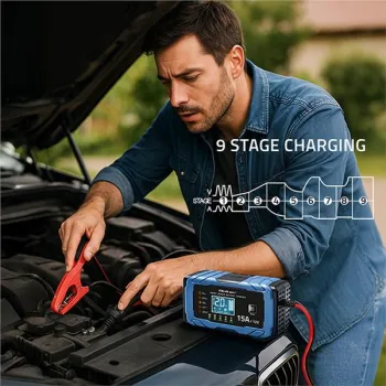 Qoltec Inteligentna mikroprocesorowa ładowarka 12V 15A | Prostownik z funkcją naprawy | AGM GEL LiFePO4 | 9- stopniowe