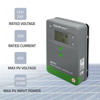 Qoltec Solarny regulator ładowania MPPT z czujnikiem temperatury 20A |12V / 24V | LCD | 2 x USB | GEL | LiFePO4-1385187
