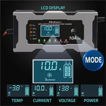 Qoltec Inteligentna mikroprocesorowa ładowarka 12V 10A | Prostownik z funkcją naprawy do akumulatora AGM GEL LiFePO4 |