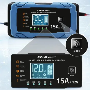 Qoltec Inteligentna mikroprocesorowa ładowarka 12V 15A | Prostownik z funkcją naprawy | AGM GEL LiFePO4 | 9- stopniowe