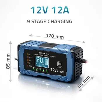 Qoltec Inteligentna mikroprocesorowa ładowarka 12V 12A | Prostownik z funkcją naprawy | AGM GEL LiFePO4 | 9- stopniowe