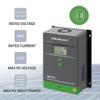 Qoltec Solarny regulator ładowania MPPT z czujnikiem temperatury 80A |12V / 24V / 36V / 48V | LCD | Bluetooth | APP | G
