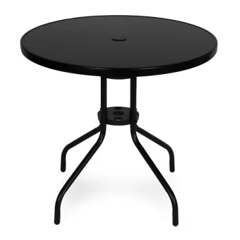 Stolik ogrodowy okrągły 80 cm szkło hartowane otwór na parasol czarny MultiGarden-1380072