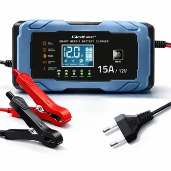 Qoltec Inteligentna mikroprocesorowa ładowarka 12V 15A | Prostownik z funkcją naprawy | AGM GEL LiFePO4 | 9- stopniowe