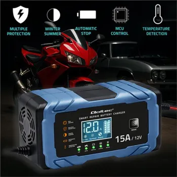 Qoltec Inteligentna mikroprocesorowa ładowarka 12V 15A | Prostownik z funkcją naprawy | AGM GEL LiFePO4 | 9- stopniowe