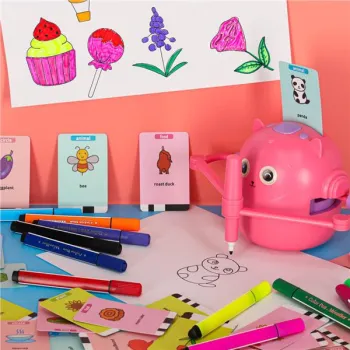 Zabawka interaktywna robot nauka rysowania fiszki kolorowe mazaki różowy-1408488