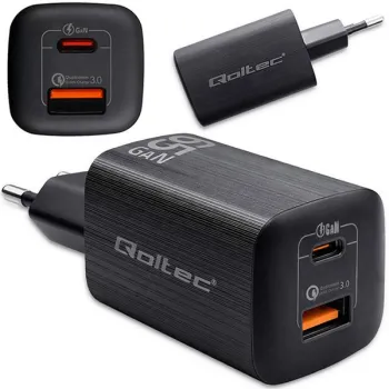 Qoltec Ładowarka sieciowa 65W GaN ULTRA | 5-20V | 2.25-3.25A | 1 x USB typ C PD | 1 x USB QC 3.0 | Laptop | Smartfon | 