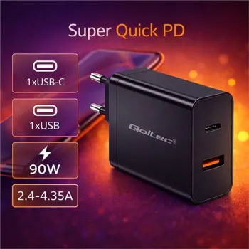 Qoltec Ładowarka Super Quick PD | 1xUSB-C | 1xUSB | 90W | 5-20V | 2.4-4.35A | Laptop | Smartfon | Czarna-1409233