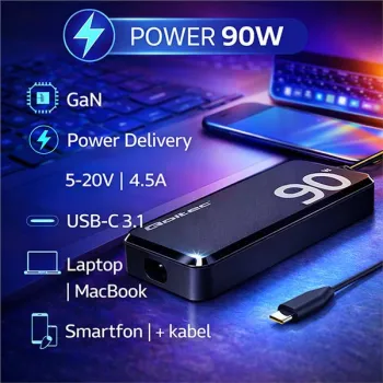Qoltec Ładowarka sieciowa 90W GaN Super Fast SLIM | PD | 5-20V | 4.5A | USB-C 3.1 | Laptop | MacBook | Smartfon | + kab