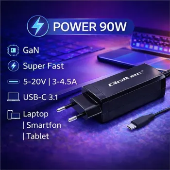Qoltec Ładowarka sieciowa 90W GaN Super Fast | 5-20V | 3-4.5A | USB-C 3.1 | Laptop |  Smartfon | Tablet-1409271