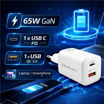 Qoltec Ładowarka sieciowa 65W GaN ULTRA | 5-20V | 2.25-3.25A | 1 x USB typ C PD | 1 x USB QC 3.0 | Laptop | Smartfon | 