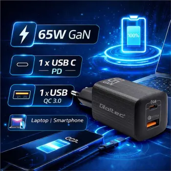 Qoltec Ładowarka sieciowa 65W GaN ULTRA | 5-20V | 2.25-3.25A | 1 x USB typ C PD | 1 x USB QC 3.0 | Laptop | Smartfon | 
