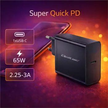 Qoltec Ładowarka Super Quick PD |  1xUSB-C | 65W | 5-20V | 3-3.25A | Laptop | Smartfon | Czarna-1409229