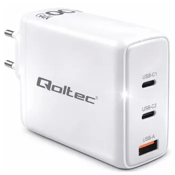 Qoltec Ładowarka sieciowa 100W GaN  | 5-20V | 1.5-5A | 2 x USB-C PD | 1 x USB QC 3.0 | Laptop | Smartfon | Biała