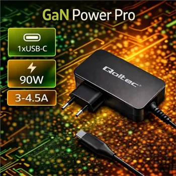 Qoltec Ładowarka GaN POWER PRO | 1xUSB-C | 90W | 5-20V | 3-4.5A | Laptop | Smartfon | Czarna-1429030