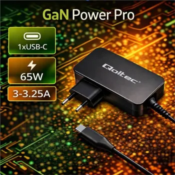 Qoltec Ładowarka GaN POWER PRO | 1xUSB-C | 65W | 5-20V | 3-3.25A | Laptop | Smartfon | Czarna-1429028