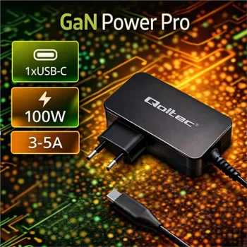 Qoltec Ładowarka GaN POWER PRO | 1xUSB-C | 100W | 5-20V | 3-5A | Laptop | Smartfon | Czarna-1429032