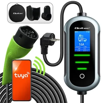Qoltec Mobilna ładowarka do samochodu elektrycznego EV i hybryd z regulacją 2w1 Typ2 | 3.5kW | 230V | SCHUKO 16A | Wi-fi | TUYA | Smart Life | LCD | P