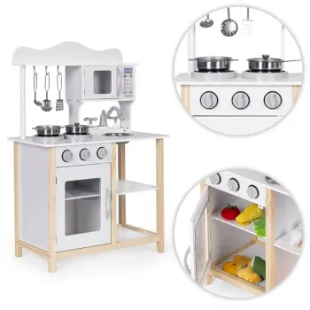Drewniana kuchnia dla dzieci z piekarnikiem i akcesoriami do gotowania - biała ECOTOYS-1434689