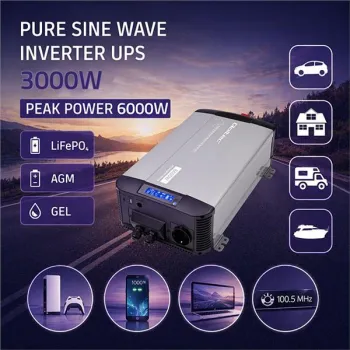 Qoltec Przetwornica napięcia Pure Sine Wave z UPS | 12V na 230V | 3000/6000W | LCD | USB | USB-C | Kompatybilna z LiFeP