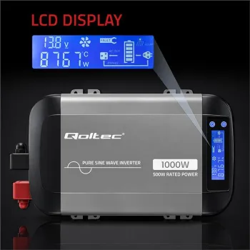 Qoltec Przetwornica napięcia Pure Sine Wave | 12V na 230V | 500/1000W | LCD | USB | USB-C | Kompatibilność z LiFePo4 