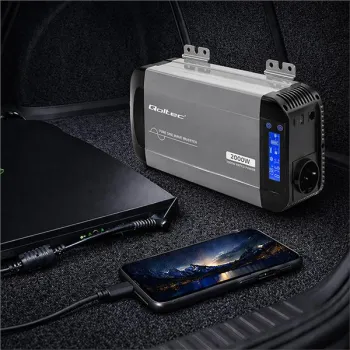 Qoltec Przetwornica napięcia Pure Sine Wave | 12V na 230V | 1000/2000W | LCD | USB | USB-C | Kompatybilna z LiFePO4 GEL