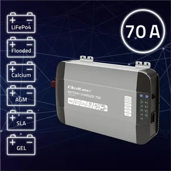 Qoltec Inteligentna profesjonalna ładowarka Monolith do akumulatorów LiFePO4 AGM GEL SLA | 70A | 12V | Szybkie ładowa