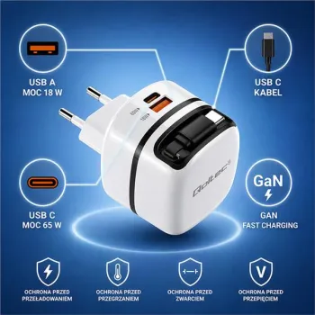 Qoltec Ładowarka sieciowa GaN Super Fast 65W | USB-C PD PPS | 5-20V | 3-3.25A | Laptop | MacBook | Smartfon | wysuwany 