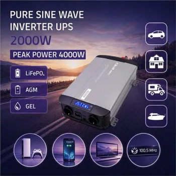 Qoltec Przetwornica napięcia Pure Sine Wave z UPS | 12V na 230V | 2000/4000W | LCD | USB | USB-C | Kompatybilna z LiFeP