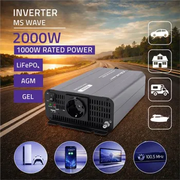 Qoltec Przetwornica napięcia MS Wave | 12V na 230V | 1000/2000W | USB | Kompatybilna z LiFePO4 GEL AGM-1435644