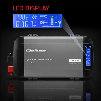 Qoltec Przetwornica napięcia Pure Sine Wave | 12V na 230V | 1000/2000W | LCD | USB | USB-C | Kompatybilna z LiFePO4 GEL