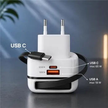 Qoltec Ładowarka sieciowa GaN Super Fast 65W | USB-C PD PPS | 5-20V | 3-3.25A | Laptop | MacBook | Smartfon | wysuwany 