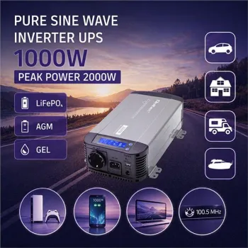 Qoltec Przetwornica napięcia Pure Sine Wave z UPS | 12V na 230V | 1000/2000W | LCD | USB | USB-C | Kompatybilna z LiFeP