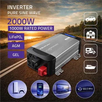 Qoltec Przetwornica napięcia Pure Sine Wave | 12V na 230V | 1000/2000W | LCD | USB | USB-C | Kompatybilna z LiFePO4 GEL