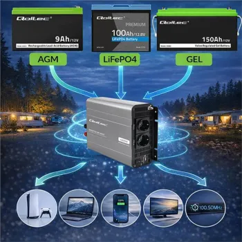 Qoltec Przetwornica napięcia MS Wave | 12V na 230V | 2000/4000W | USB | Kompatybilna z LiFePO4 GEL AGM-1435669
