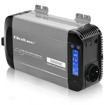 Qoltec Przetwornica napięcia Pure Sine Wave | 12V na 230V | 500/1000W | LCD | USB | USB-C | Kompatibilność z LiFePo4 