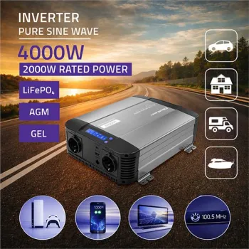 Qoltec Przetwornica napięcia Pure Sine Wave | 12V na 230V | 2000/4000W | LCD | USB | USB-C | Kompatybilna z LiFePO4 GEL