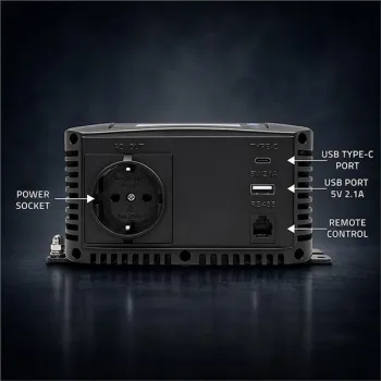 Qoltec Przetwornica napięcia Pure Sine Wave | 12V na 230V | 1000/2000W | LCD | USB | USB-C | Kompatybilna z LiFePO4 GEL