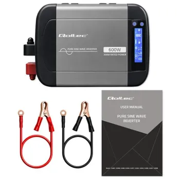 Qoltec Przetwornica napięcia Pure Sine Wave | 12V na 230V | 300/600W | LCD | USB | USB-C | Kompatybilna z LiFePO4 GEL A