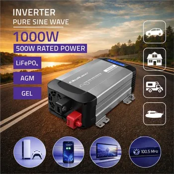 Qoltec Przetwornica napięcia Pure Sine Wave | 12V na 230V | 500/1000W | LCD | USB | USB-C | Kompatibilność z LiFePo4 
