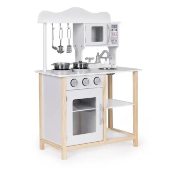 Drewniana kuchnia dla dzieci z piekarnikiem i akcesoriami do gotowania - biała ECOTOYS-1434686
